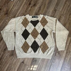 Hunt Club Mens VTG Silk Blend Crew Neck Argyle Print Sweater Tan Brown Size L